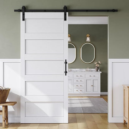 SMARTSTANDARD 34in x 84in Sliding Barn Door with 6FT Hardware Track Kit | Waterproof PVC Surface, Pre-Drilled Holes Easy to Assemble, Solid, MDF, White, 5-Panel