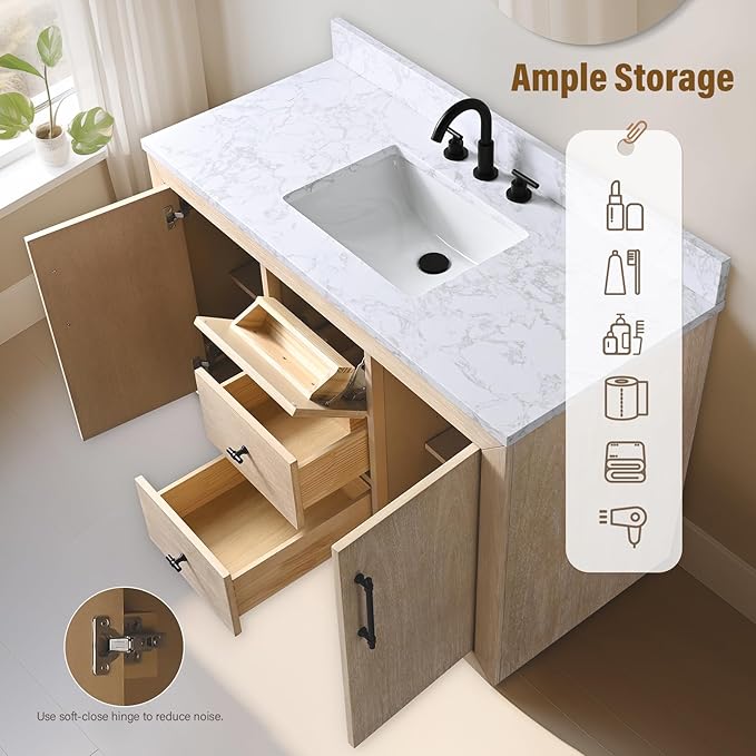 HOMEBEYOND 48 Inch Bathroom Vanity with Single Sink & Ceramic Top, MDF Material Vanity Cabinet with Basin Combo, Soft-Closing Doors, Removable Shelf, Backsplash