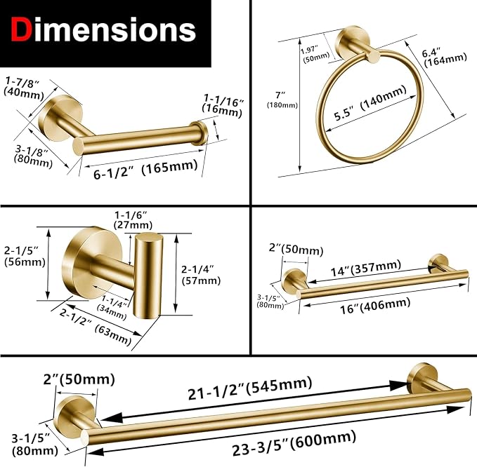 6 Pieces Brushed Gold Bathroom Hardware Accessories Set Hand Towel Ring 16&23.6 inch Round Towel Bar Toilet Paper Holder Towel Hooks 2 Pieces SUS 304 Stainless Steel,Heavy Duty,Wall Mounted