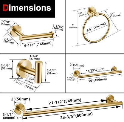 6 Pieces Brushed Gold Bathroom Hardware Accessories Set Hand Towel Ring 16&23.6 inch Round Towel Bar Toilet Paper Holder Towel Hooks 2 Pieces SUS 304 Stainless Steel,Heavy Duty,Wall Mounted