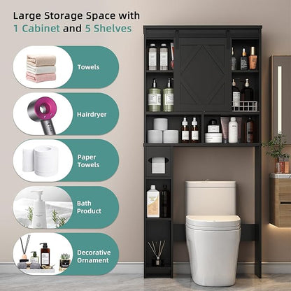 Over the Toilet Storage Cabinet with Farmhouse Sliding Barn Door, Above Toilet Organizer with Toilet Paper Holder Stand, Behind Toilet Shelf, Space Saver for Restroom, Bathroom, Laundry, Black