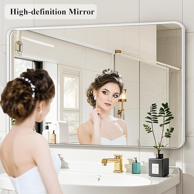 Fabuday Bathroom Mirror 40x30 Inch, White Wall Mirror for Over Sink with Brushed Metal Frame, Rectangular White Vanity Mirror for Decor, Horizontal or Vertical Hanging, Heavy-Duty Hooks