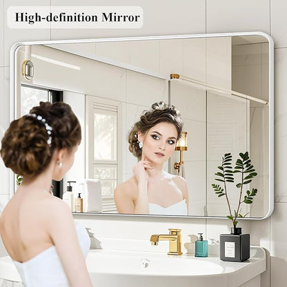 Fabuday Bathroom Mirror 40x30 Inch, White Wall Mirror for Over Sink with Brushed Metal Frame, Rectangular White Vanity Mirror for Decor, Horizontal or Vertical Hanging, Heavy-Duty Hooks