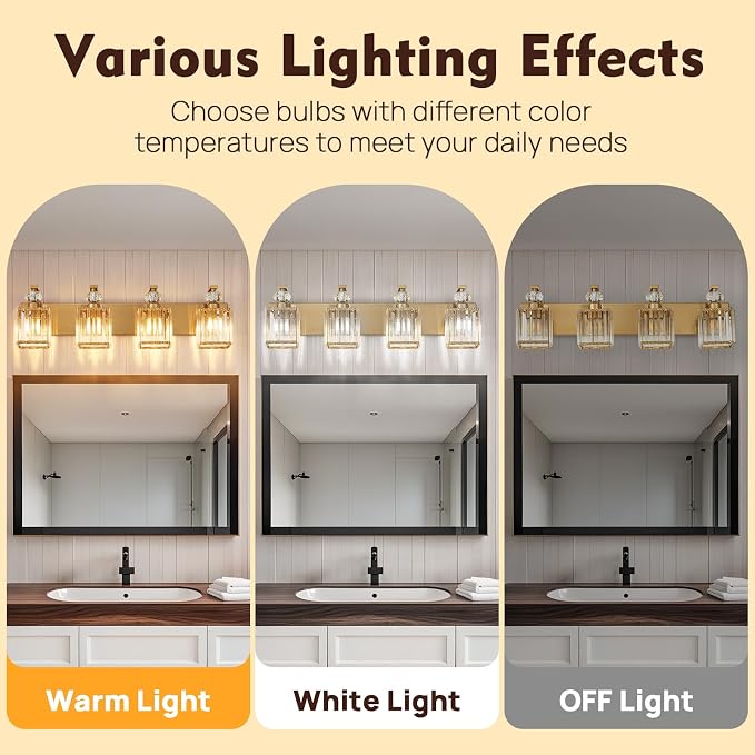 Modern Bathroom Vanity Light, 4-Light Gold Bathroom Lighting Fixtures Over Mirror, 28.4" Crystal Wall Light Sconce for Bathroom/Bedroom/Vanity, Includes LED Bulbs, Easy Installation