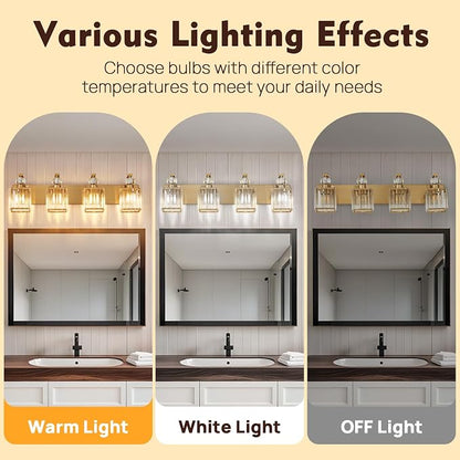 Modern Bathroom Vanity Light, 4-Light Gold Bathroom Lighting Fixtures Over Mirror, 28.4" Crystal Wall Light Sconce for Bathroom/Bedroom/Vanity, Includes LED Bulbs, Easy Installation