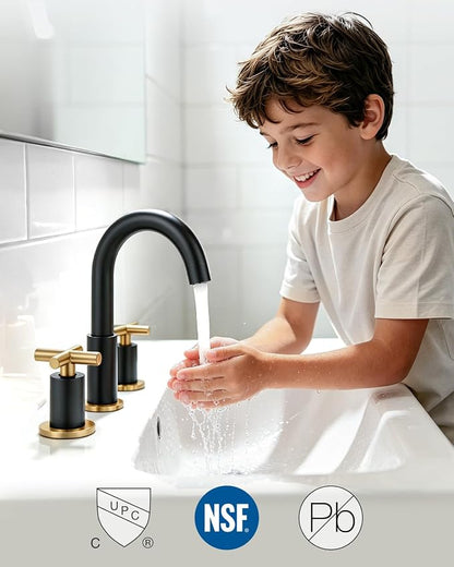 gotonovo 8’’ Widespread Bathroom Sink Faucet 3 Hole Black & Brushed Gold | Bathroom Faucet Vanity,6-16’’ Sink,Basin,RV,Lavatory,2 Cross Handle,SUS304,360° Swivel Spout,24’’ cUPC Hose,Pop Up Drain