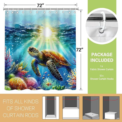Blue Underwater Sea Turtle Shower Curtains for Bathroom,Ocean Theme and Fish Waterproof Polyester Shower Curtains,Funny Underwater Animals Theme Turtle Bathroom Decor,72x72 Inch