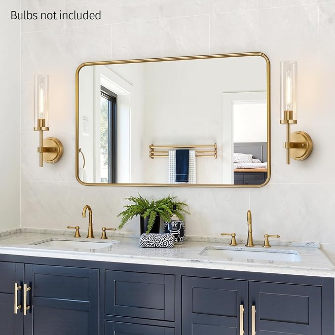 [Hardwired] Wall Sconces Set of Two, Brushed Gold Bathroom Sconces with Clear Glass, Modern Wall Light Fixtures for Bathroom Mirror Vanity, Living Room, Bedroom, Hallway, Stairway, Cabinet, Foyer