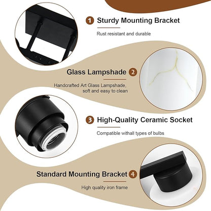 4-Light Bathroom Light Fixtures, Modern Vanity Lights, Black Metal Wall Lamp with White Marble Glass for Bathroom, Mirror, Living Room, Bedroom, Cabinet, Porch, Hallway, E26 Base