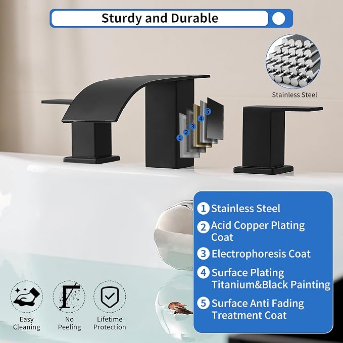 RUMOSE Roman Bathtub Faucet Set Waterfall Tub Faucets Matte Black | High Flow Widespread 6-16 Inch 3 Holes Deck Mount Tub Filler 2 Handles Bathtub Filler Soaking Bath Faucet