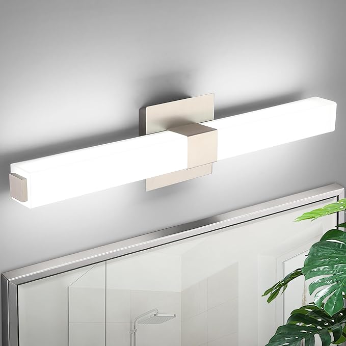 Bathroom Light Fixtures Over Mirror: 24 Inch Brushed Nickel Modern Minimalist LED Vanity Light Waterproof 6000K Cool White
