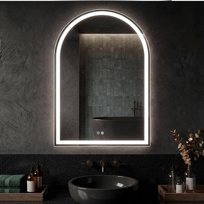 DUMOS 28"×36" LED Bathroom Mirror with Lights, Arched Vanity Mirror with Anti-Fog, Dimmable, 3-Color Light, Memory Function, Tempered Glass