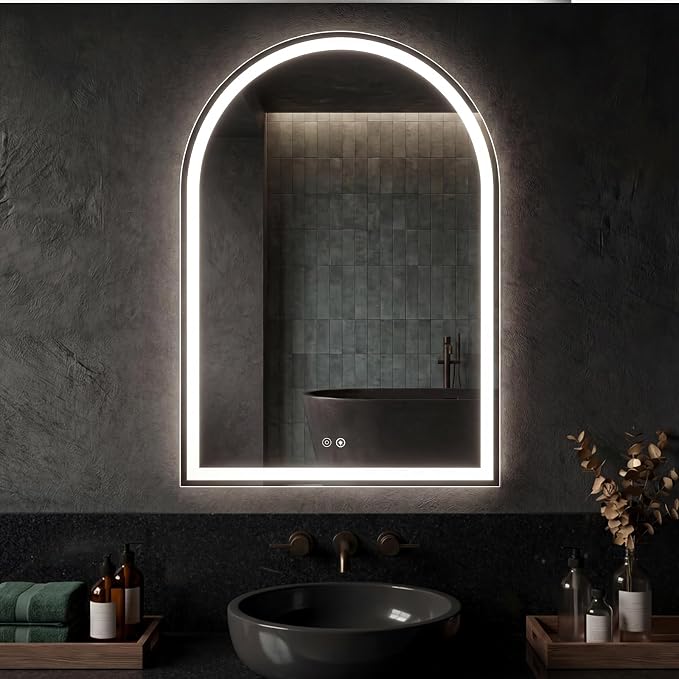 DUMOS 28"x36" LED Bathroom Mirror with Lights, Arched Vanity Mirror | Anti-Fog, Dimmable, 3-Color Light, Memory Function, Front Light and Backlit, Tempered Glass