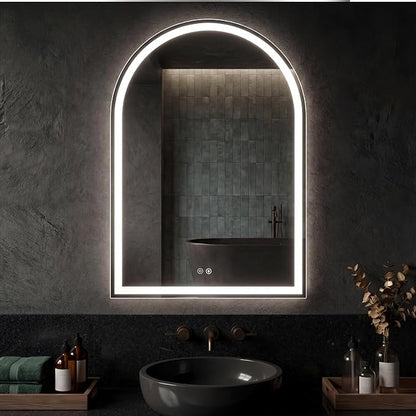 DUMOS 28"x36" LED Bathroom Mirror with Lights, Arched Vanity Mirror | Anti-Fog, Dimmable, 3-Color Light, Memory Function, Front Light and Backlit, Tempered Glass