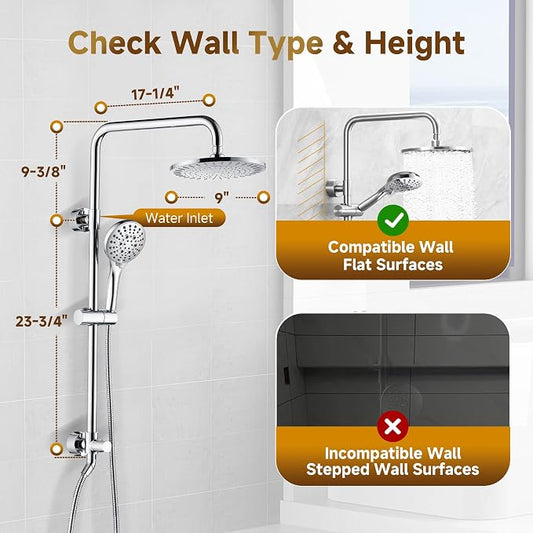 BRIGHT SHOWERS Rain Shower Heads System Including Rainfall Shower Head and Handheld Shower Head with Height Adjustable Holder, Solid Brass Rail, 60 Inch Long Stainless Steel Shower Hose, Chrome