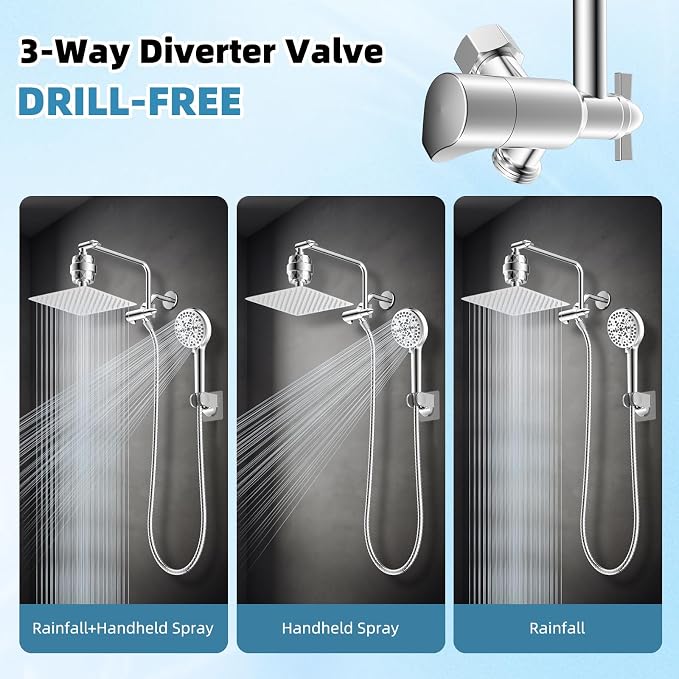10" Metal Filtered Shower Head with 10-Mode Handheld, Chrome | NSF/ANSI/CAN 372 Certified, High Pressure Showerhead Combo, 20 Stage Shower Filter, 11" Shower Arm, 71" Hose, Shower Holder