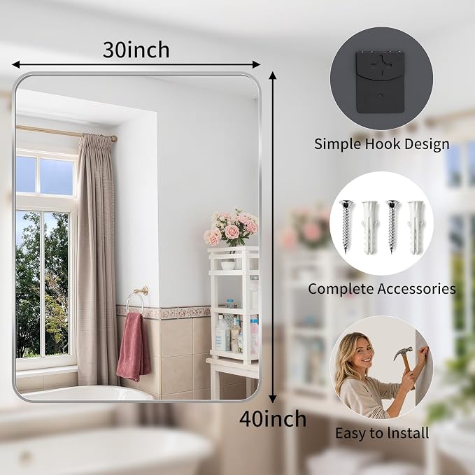 Bathroom Mirror for Wall, 30"x40" Black Bathroom Mirror for Over Sink, Shatterproof Tempered Glass Vanity Mirror with Anti-Rust Aluminum Alloy Frame, Hang Horizontally or Vertically, Silver