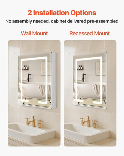 VEVOR Lighted Medicine Cabinet with Mirror, 24 x 30 in Recessed or Wall Mount, 3 Color Dimmable LED Bathroom Medicine Cabinet with HD Mirror, Clock, Adjustable Shelve Storage, Memory Defog Function