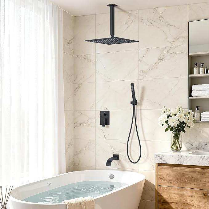 Shower System with Tub Spout, Ceiling Mounted Bathtub Shower Faucet Set, 12" Rainfall Shower Head and Handheld Shower Combo, High Pressure Shower Fixtures Set with Rough-in Valve, Matte Black