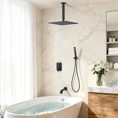 Shower System with Tub Spout, Ceiling Mounted Bathtub Shower Faucet Set, 12" Rainfall Shower Head and Handheld Shower Combo, High Pressure Shower Fixtures Set with Rough-in Valve, Matte Black
