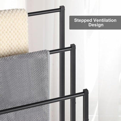 Freestanding Towel Rack, 3 Tier Metal Towel Rack, Black | Towel Racks for Bathroom, Blanket Rack Stand for Bedroom, Bath Towel Holder Stand, Floor Towel Holder with Wooden Storage