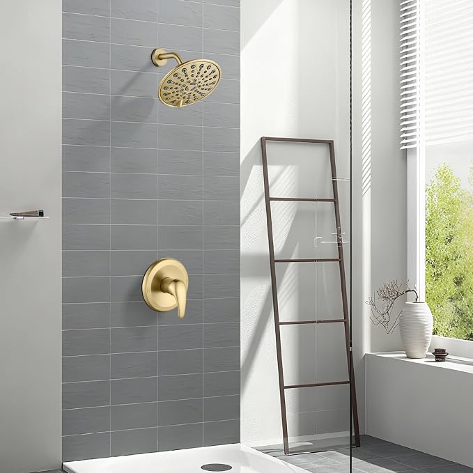 gotonovo Shower Faucet Set with Valve 6 Mode Rain Head Brushed Gold | Bathroom Shower Head and Handle Set Complete Combo,6 Mode Multi 6’’ ABS Rainfall Showerhead,Brass Valve Trim Kit,Wall Mount