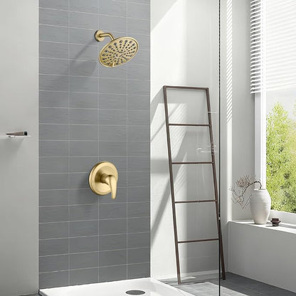 gotonovo Shower Faucet Set with Valve 6 Mode Rain Head Brushed Gold | Bathroom Shower Head and Handle Set Complete Combo,6 Mode Multi 6’’ ABS Rainfall Showerhead,Brass Valve Trim Kit,Wall Mount