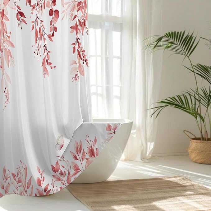 Pink Floral Eucalyptus Shower Curtain with Hooks, 72x72 Inch | Waterproof Fabric, Watercolor Leaves and Floral, Botanical Style, Machine Washable, Quick-Drying, for Hotel Bathroom