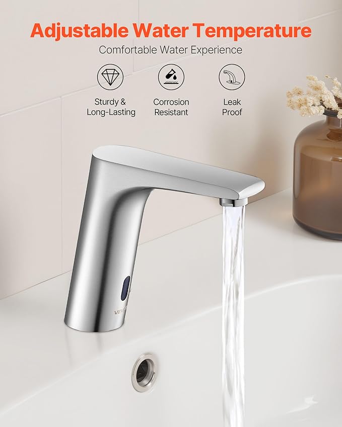 VEVOR Touchless Bathroom Sink Faucet, Automatic Motion Sensor Restroom Toilet Faucet, HandsFree Adjustable Cold Hot Single Handle Water Mixer Battery Operated for 9/16 in Pipe,Brushed Nickel Silver