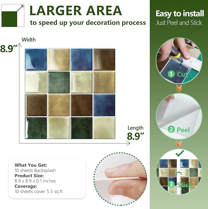 STICKGOO 10 Sheets Peel and Stick Backsplash - 9" x 9" 3D Adhesive Peel and Stick Tile Backsplash for Kitchen&Bathroom