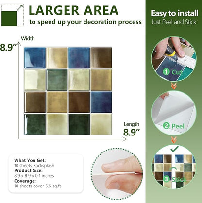 STICKGOO 10 Sheets Peel and Stick Backsplash - 9" x 9" 3D Adhesive Peel and Stick Tile Backsplash for Kitchen&Bathroom
