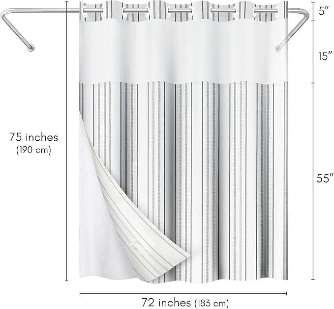 Americanflat 72x75 Hookless Shower Curtain - Water-Resistant Cottage Stripe Shower Curtain with Sheer Panel, Snap-in Liner, and Durable Grommets - 100% Polyester - Black, Grey and White