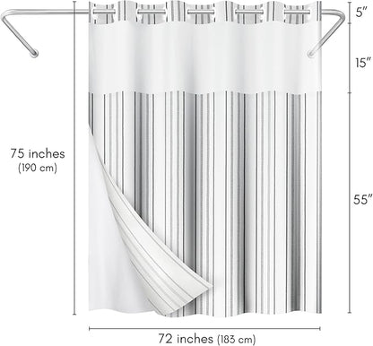 Americanflat 72x75 Hookless Shower Curtain - Water-Resistant Cottage Stripe Shower Curtain with Sheer Panel, Snap-in Liner, and Durable Grommets - 100% Polyester - Black, Grey and White