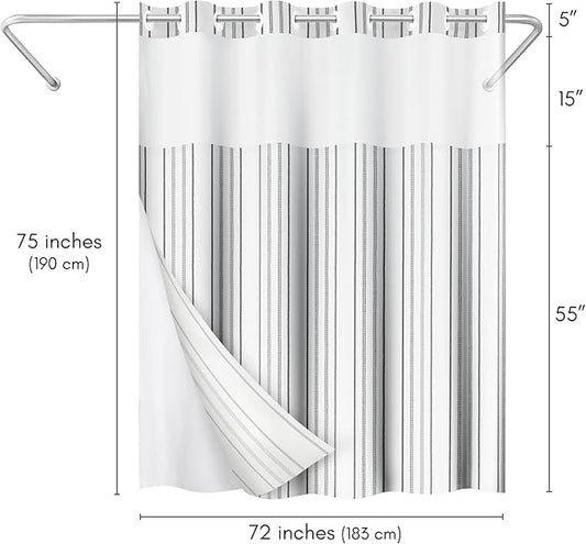 Americanflat 72x75 Hookless Shower Curtain - Water-Resistant Cottage Stripe Shower Curtain with Sheer Panel, Snap-in Liner, and Durable Grommets - 100% Polyester - Black, Grey and White