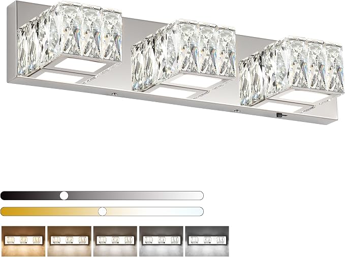LED Bathroom Light Fixture - Modern 3 Light Crystal Vanity Light - Chrome Bathroom Wall Light 5CCT Dimmable