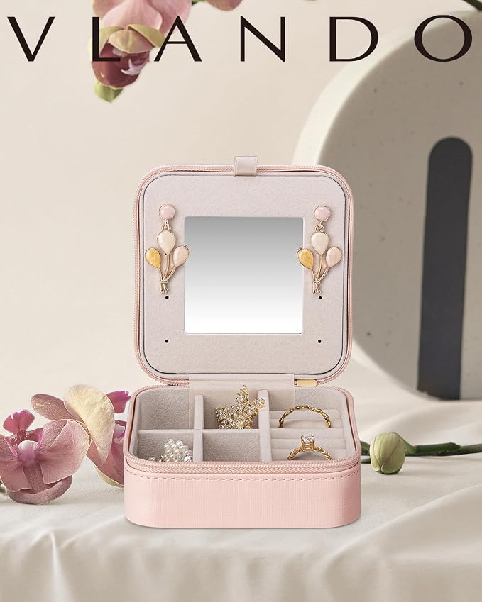 VLANDO Valentines Day Gifts - Small Travel Jewelry Box Organizer -Jewelry Display Case for Girls Women Bridesmaid Gift Rings Earrings Necklaces Storage with Mirror Pink | Necklace Hook for Anti-tangle, Removable Dividers, Waterproof PU Leather,Portable...