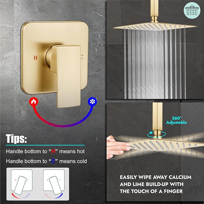 Heyalan 12-Inch Ceiling Mount Shower Faucet Set with Valve, Brushed Gold | Rainfall shower head, ceiling-mount design, SUS304 steel, adjustable angle, single-handle control