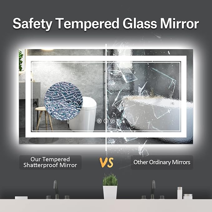 55x30 Inch LED Bathroom Mirror with Lights | Front and Backlit, 3 Colors, Dimmable, Memory, Anti Fog, Shatterproof, Horizontal/Vertical, Lighted Mirrors for Bathroom Wall