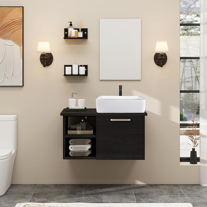 YOURLITE 28" Wall Mounted Bathroom Vanity, Floating Modern Lavatory Wood Cabinet with Mirror White Ceramic Porcelain Sink Combo Vanities Set