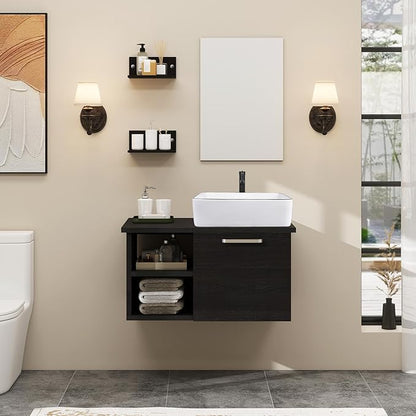 YOURLITE 28" Wall Mounted Bathroom Vanity, Floating Modern Lavatory Wood Cabinet with Mirror White Ceramic Porcelain Sink Combo Vanities Set