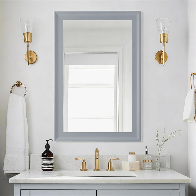 Bathroom Mirror for Wall,Rectangle Rustic Gray 24 x 36 inch Vanity Mirrors | Hanging Tempered Glass Mirror for Living Room,Bedroom,Entryway