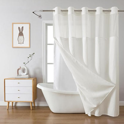 eachope No Hook Waffle Shower Curtain with Snap-in Liner, 71x77 Inch, Cream | 230 GSM waffle weave fabric, waterproof liner set with 2 bottom magnets, mesh top window, washable, for bathroom or hotel use