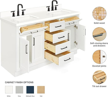 ARIEL Hepburn 60-inch Bathroom Vanity with Sink,Solid Wood, 1.5-inch Pure White Quartz Countertop & Backsplash, Double Rectangular Porcelain Sink, 4 Soft Closing Doors, 6 Dovetail Drawers, White