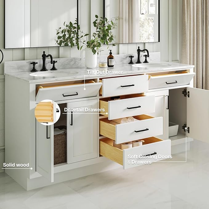 ARIEL Hepburn 72-inch Bathroom Vanity with Sink,Solid Wood, 0.75-inch Italian Carrara Marble Countertop & Backsplash, Double Oval Porcelain Sink, 4 Soft Closing Doors, 6 Dovetail Drawers, White