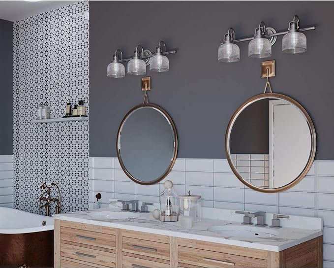 Progress Lighting P2992-81 Archie Collection Clear Double Prismatic Glass Coastal Bath Vanity, 3-Light, Antique Nickel