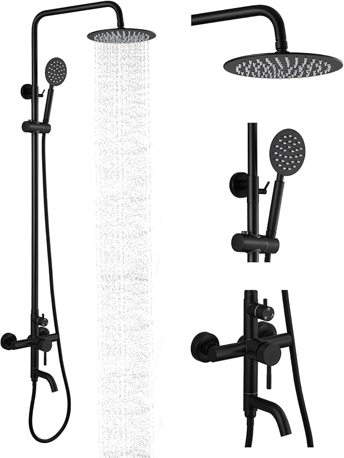 gotonovo Shower faucet Set Matte Black Triple Function with Adjustable Hand Sprayer and Tub Spout SUS 304 Stainless Steel 8 Inch Rainfall Shower Head Bathroom Shower Fixture Wall Mount Complete Set