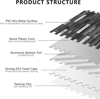 STICKGOO Peel and Stick Backsplash Tile, Stick on Backsplash for Kitchen and Bathroom, Black Grey Wood Look PVC Mixed Metal Silver Self Adhesive Wall Tiles(Sample)