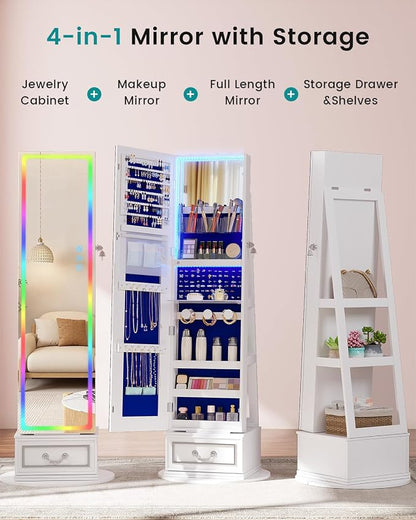 Vlsrka Jewelry Armoire with Full Length LED Mirror, 360° Swivel, White | Standing Mirror with Storage, Lockable Jewelry Cabinet with Touch Screen & RGB Modes for Small Bedroom Spaces, Gift for Women