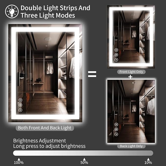 Koonmi 40x36 LED Bathroom Mirror with Light, Anti-Fog, 3 Colors | Backlit + Front Lit, Dimmable Brightness, Shatterproof HD Distortion-Free Tempered Glass, Hardware Included