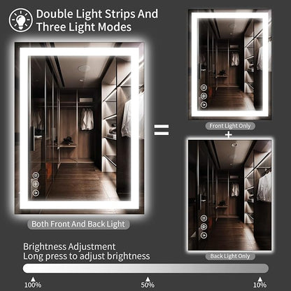Koonmi 40x36 LED Bathroom Mirror with Light, Anti-Fog, 3 Colors | Backlit + Front Lit, Dimmable Brightness, Shatterproof HD Distortion-Free Tempered Glass, Hardware Included